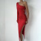 Fashion One Shoulder Sleeves High Waist Split Wrap Hip Flower Panel Dress