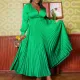 Fashion Large V-Neck Fashion Temperament Solid Color Pleated Dress Dress