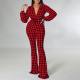 Fashion V-neck bubble sleeve printed wide leg oversized jumpsuit