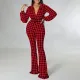 Fashion V-neck bubble sleeve printed wide leg oversized jumpsuit