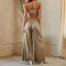 Sexy French satin suspender V-neck panel backless jumpsuit