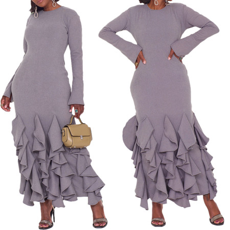 Fashion Large Multi Ruffle Edge Long Sleeve Wrap Hip Dress