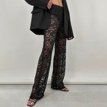 Sexy Lace Perspective High Waist Panel Long Straight Leg Pants