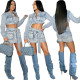 Sexy washed denim lace up 3D 3D pocket skirt set