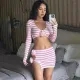 Sexy V-neck long sleeved short top with patchwork stripe short skirt set