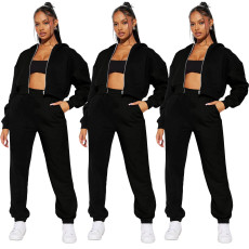 Fashion casual solid color zipper two-piece set