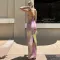 Sexy Swing Neck Open Back Spliced Slim Slim Slim Strap Long Dress