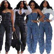 Fashion bra single breasted organ bag denim multi bag jumpsuit