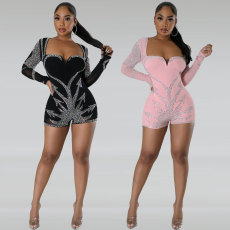 Sexy oversized hot diamond stretch tight long sleeved jumpsuit
