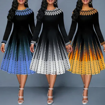 Fashionable printed temperament long sleeved waistband dress