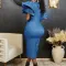 Fashion Large Solid OL Flare Sleeves Denim Wrap Hip Dress