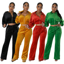 Fashionable velvet fabric elastic waist zipper pocket pants set
