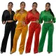 Fashionable velvet fabric elastic waist zipper pocket pants set