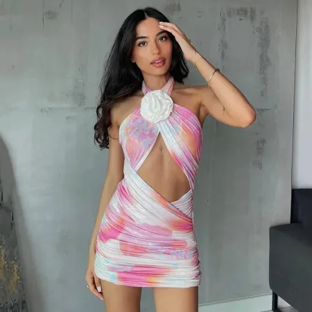 Sexy hanging neck V-neck hollowed out dress