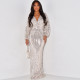 Fashionable sequin long sleeved V-neck sexy beaded long skirt