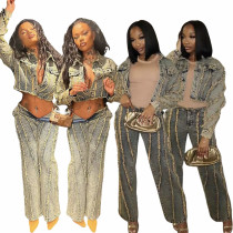 Fashionable long sleeved tassel elastic casual denim pants set