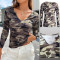Fashion casual camouflage printed V-neck top