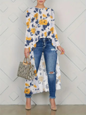 Fashionable long sleeved irregular casual floral print top