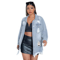 Fashionable tassel single breasted hole long sleeved denim trench coat