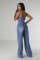 Fashionable casual and sexy denim jumpsuit with straps, wide leg pants, flared pants