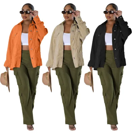 Fashion Corduroy Fabric Pocket Button Coat