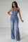 Fashionable casual and sexy denim jumpsuit with straps, wide leg pants, flared pants