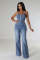 Fashionable casual and sexy denim jumpsuit with straps, wide leg pants, flared pants