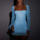 Fashionable and Sexy Open Back Mesh Long Sleeve Wrapped Hip Dress