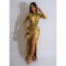 Fashionable solid color gilded long sleeved pleated long skirt dress