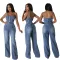 Fashionable casual and sexy denim jumpsuit with straps, wide leg pants, flared pants