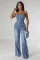 Fashionable casual and sexy denim jumpsuit with straps, wide leg pants, flared pants