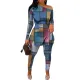 Fashion casual pattern diagonal shoulder hem split short sleeved pants set