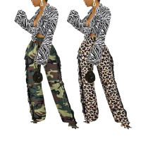 Fashionable and cute leopard print camouflage double tassel wide leg pants