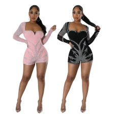 Women's fashion long sleeved hot diamond jumpsuit shorts with slim fit