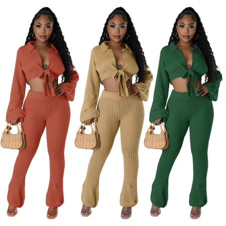 Fashion casual lace up micro horn solid knit sweater two-piece set