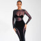 Sexy Slim Fit Long Sleeve Mesh Spliced Perspective Wrapped Hip Long Dress