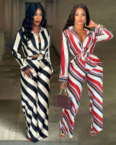 Fashion printed casual striped wide leg pants two-piece set
