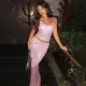 Sexy open back suspender top, buttocks wrapped long skirt, knitted bright silk set