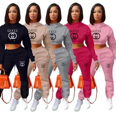 Fashion plush hooded sweater casual printed two-piece set