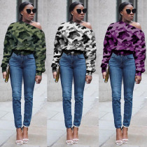 Fashion Slant Neck Strapless Tie Button Long Sleeve Casual Sweatshirt