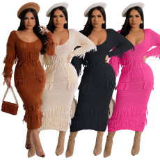 Sexy Knit Hand-Hooked Fringe Dress with Pockets