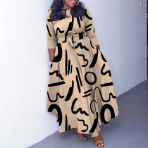 New Fashion Long Dress Temperament Lace up Printing Foreign Trade Large Size European and American Dress
