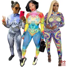 Fashion Y2k printed sleeve with zipper elastic slim fitting jumpsuit