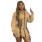 European and American women's tie up decorative hooded long sleeved zippered dress