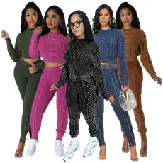 Water washed vintage style knitting diamond Fried Dough Twists pullover sweater suit