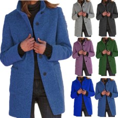 Vintage Solid Button Standing Collar Woolen Coat