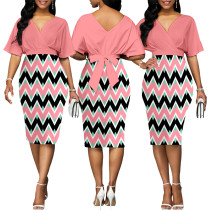 Sexy and fashionable wave pattern short sleeved V-neck women's dress