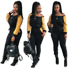 Autumn diagonal shoulder color contrast jumpsuit pants
