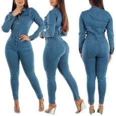 Slim Fit Elastic Long Sleeve Small Foot Wash Denim jumpsuit