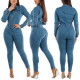 Slim Fit Elastic Long Sleeve Small Foot Wash Denim jumpsuit